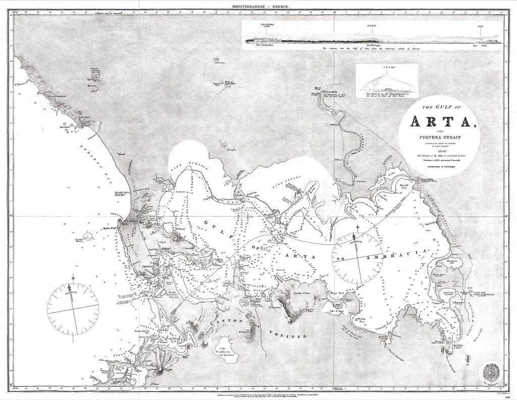 Χάρτης Αμβρακικού κόλπου, έκδοσης 1834 από το Βρετανικό Ναυαρχείο. Συλλογή Ιδρύματος Ακτία Νικόπολις.