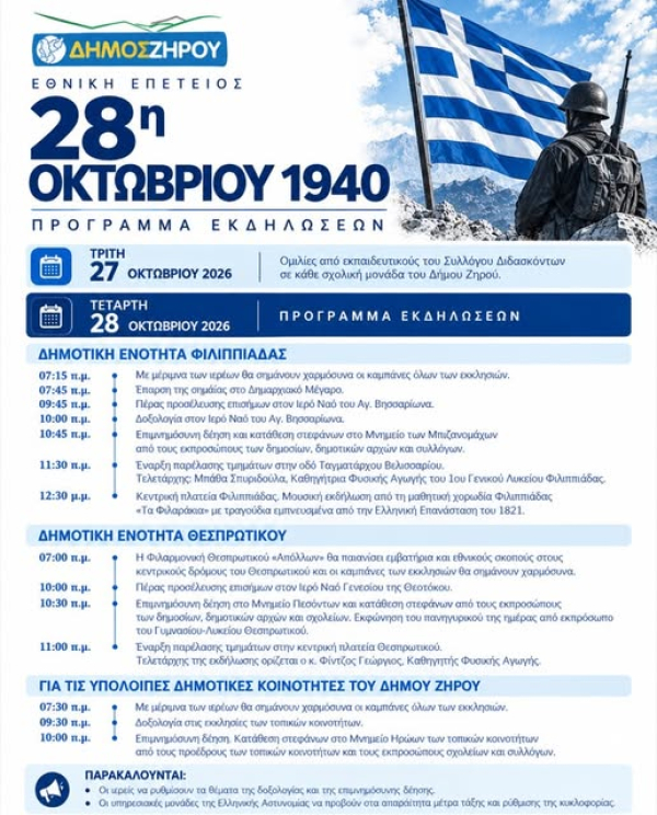 Το πρόγραμμα εορτασμού της 28ης Οκτωβρίου στο Δήμο Ζηρού